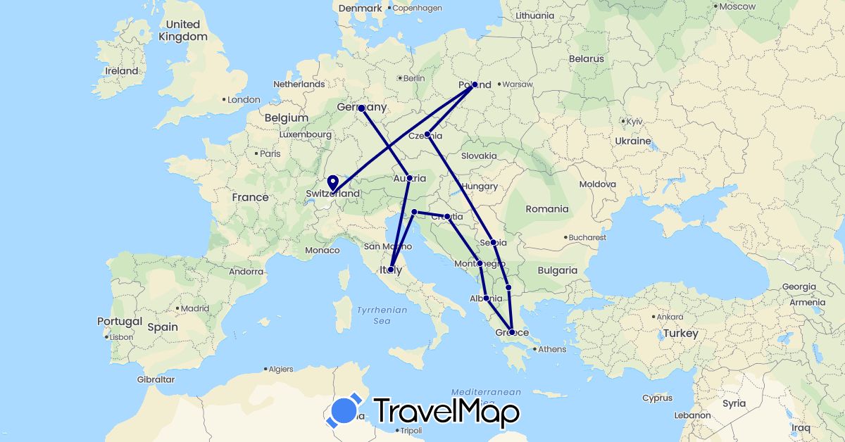 TravelMap itinerary: driving in Albania, Austria, Switzerland, Czech Republic, Germany, Greece, Croatia, Italy, Montenegro, Macedonia, Poland, Serbia, Slovenia (Europe)